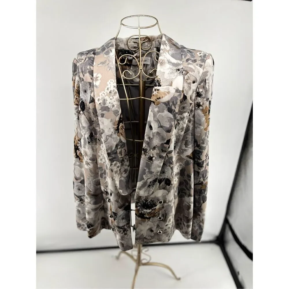 Calvin Klein Floral Print Open Front Blazer Women's Size 14 Gray White Black - Picture 8 of 13